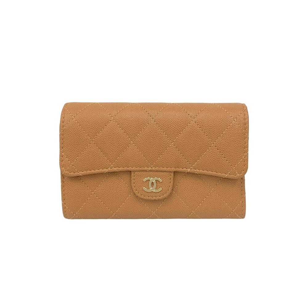 CHANEL Authentic Cream Caviar Leather Logo Wallet